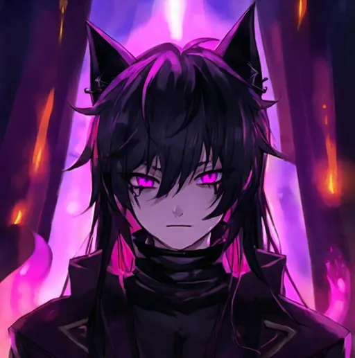 Prompt: Boy demon, fox tail, with horns and purple eyes, black hair