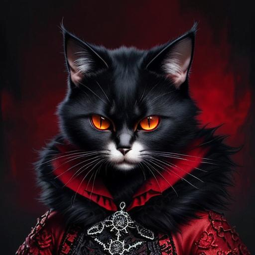 Prompt: Gothic cat in red, detailed clothing, high quality, digital art, gothic, red tones, detailed fur, intricate clothing design, intense expression, mysterious atmosphere