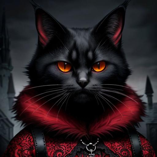 Prompt: Gothic cat in red, detailed clothing, high quality, digital art, gothic, red tones, detailed fur, intricate clothing design, intense expression, mysterious atmosphere