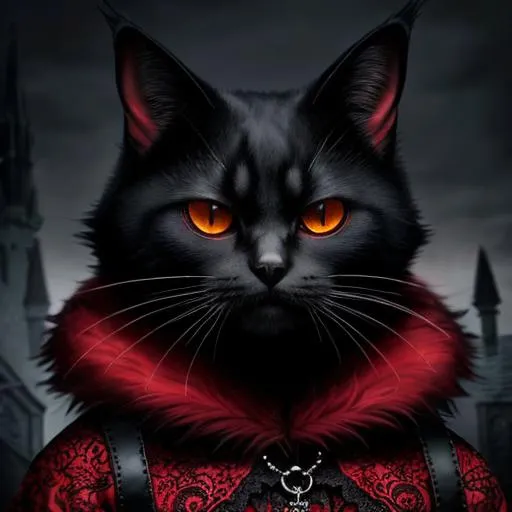 Prompt: Gothic cat in red, detailed clothing, high quality, digital art, gothic, red tones, detailed fur, intricate clothing design, intense expression, mysterious atmosphere