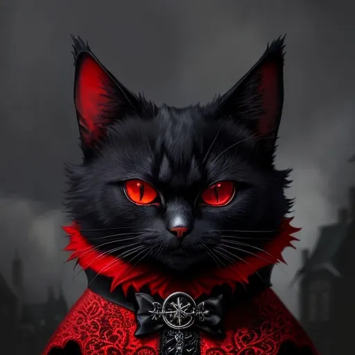 Prompt: Gothic cat in red, detailed clothing, high quality, digital art, gothic, red tones, detailed fur, intricate clothing design, intense expression, mysterious atmosphere