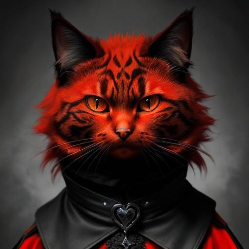 Prompt: Gothic orange cat in red, detailed clothing, high quality, digital art, gothic, red tones, detailed fur, intense expression, mysterious atmosphere