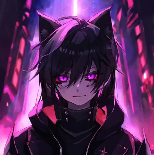 Prompt: Boy demon fox with horns and purple eyes, black hair