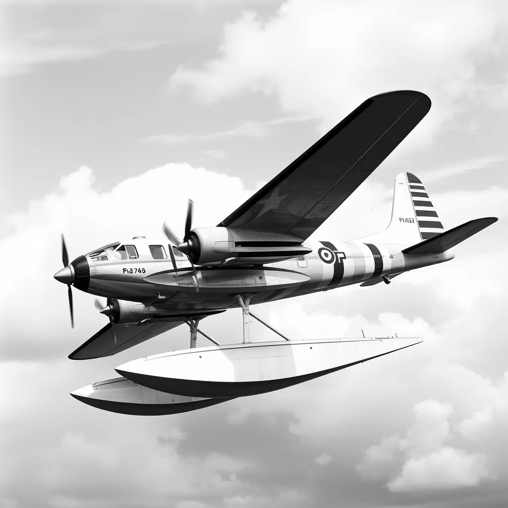 Prompt: Tri-motor propeller air plane 1930s 1940s era sea plane floatplane three engines flying