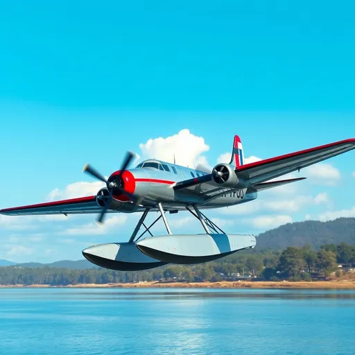 Prompt: Tri motor propeller air plane 1930s 1940s sea plane floatplane three engines flying