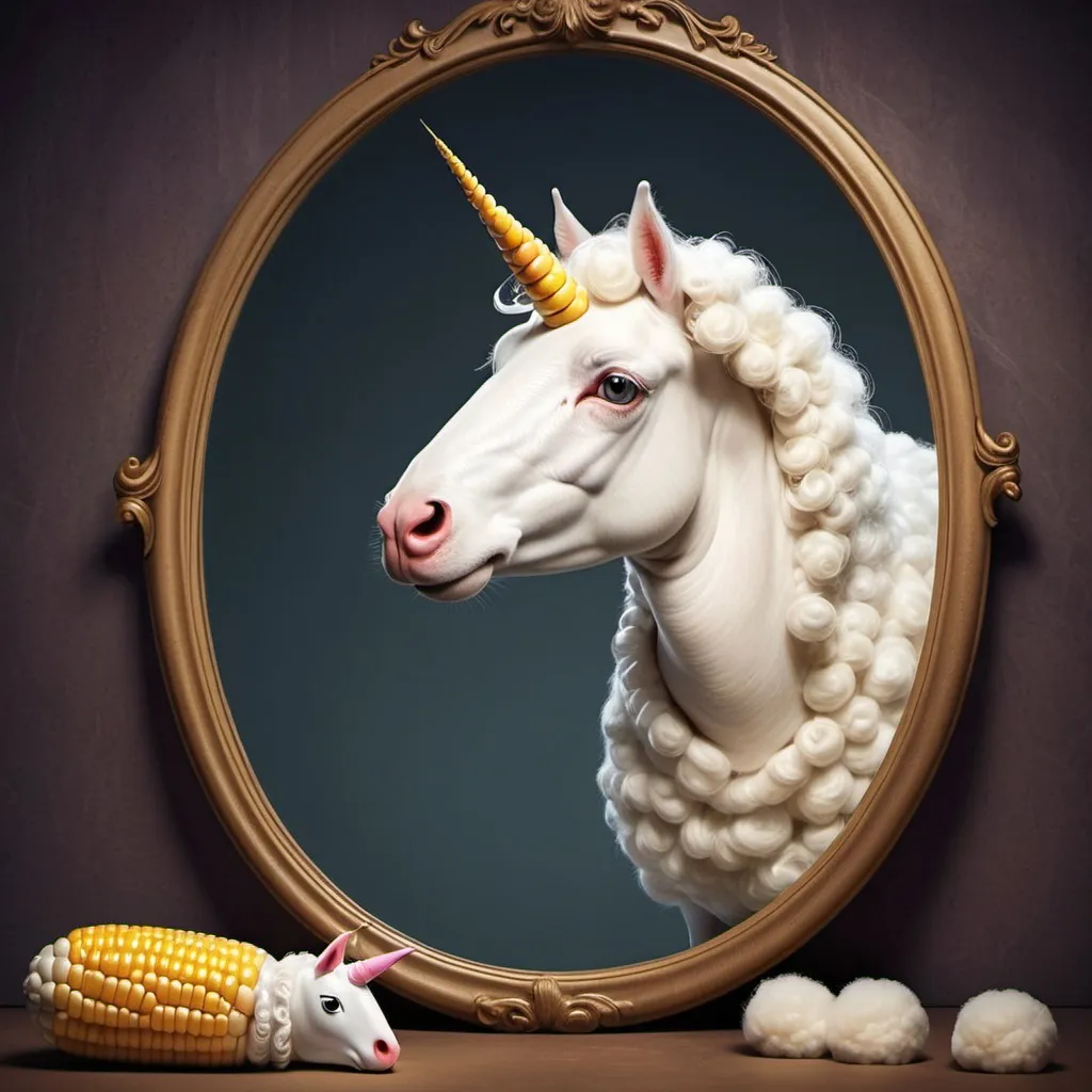 Prompt: once upon a time a unicorn ate a corn then went to sleep and turned into a sheep.
next morning the unicorn looked in the mirror and  saw herself in the mirror she was so sad , and scard too because it was very bad