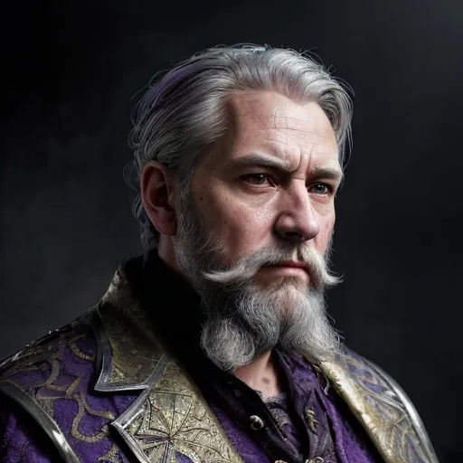 Prompt: Use face image reference, apothecary man, gray hair, semi profile pose, fantasy art, very-very short beard, Middle Age purple clothing, high status, cinematic colors, detailed facial features based on face image reference, oil painting, atmospheric lighting, highres, fantasy, wise, majestic, aged, ancient, historical, intricate details, experienced, prestigious, imposing presence, vibrant colors, grandeur, majestic lighting