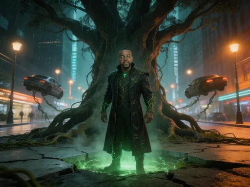 Prompt: @Z7XU2irDJjhQqCIbTXZB @Verdant Walker, The Root King standing in the center of a modern neon-lit city street at night as massive ancient tree roots explode upward through cracked concrete around him. Streetlights flicker. Cars are lifted slightly by twisting vines. His expression is calm, controlled, powerful. His eyes glow deep emerald green. He wears a long dark royal coat with subtle leaf and root patterns woven into the fabric, modern king energy. Green bioluminescent energy pulses beneath the ground and faintly through his veins. Rain mist in the air, cinematic fog, dramatic rim lighting, ultra-realistic 4K HDR, IMAX quality, hyper-detailed skin texture, shallow depth of field, blockbuster Netflix fantasy style, teal-orange color grade.