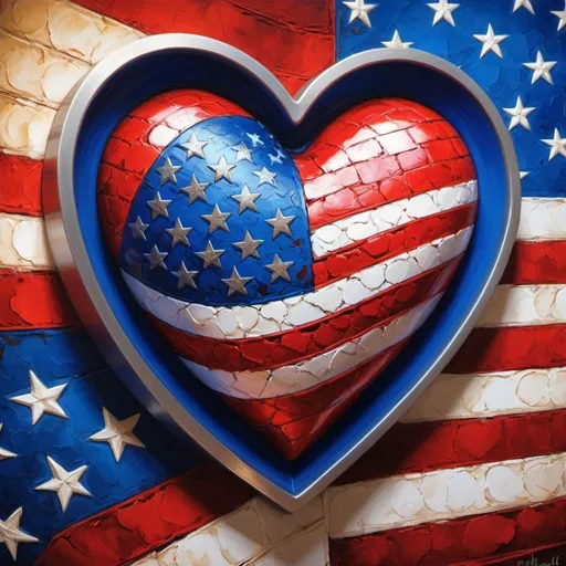 Prompt: (realistic image), (vibrant color scheme), heart design, American Flag colors, rich red, pure white, bold blue, intricate details, smooth textures, high-definition, symbolic representation, patriotic theme, emotional and meaningful ambiance, eye-catching composition, stand-out visuals, dramatic lighting, captivating artwork.