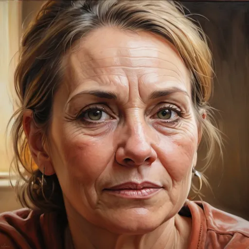 Prompt: Realistic portrait of a 45-year-old woman, oil painting, warm, natural lighting, detailed facial features, high quality, realistic, warm tones, detailed wrinkles, serene expression