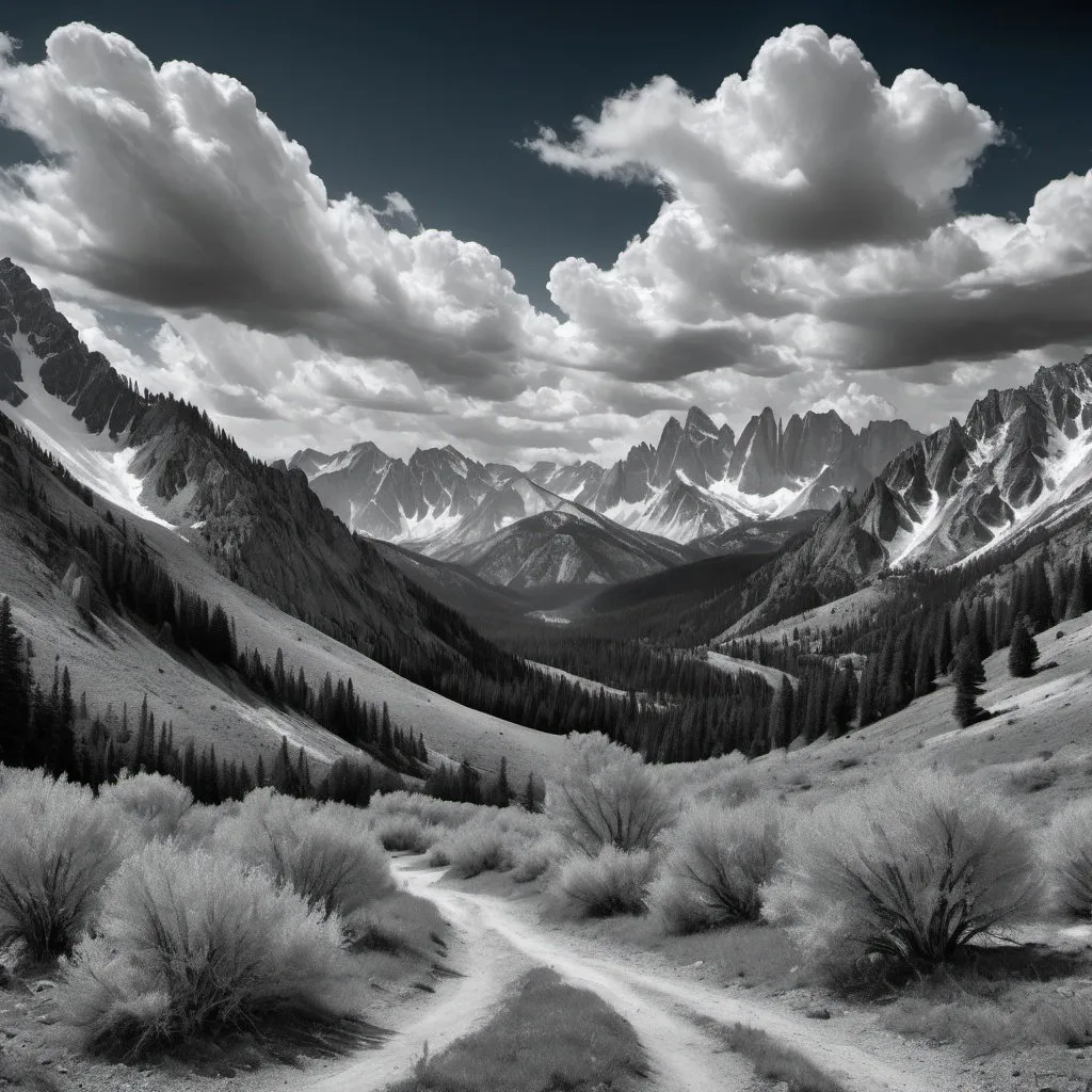 Prompt: ansel adams style, A landscape, HDR, UHD,
64K. mutiple mountains, lots of clouds , very detailed, contrast black and white colors, and blue red tint to cloudsx 
