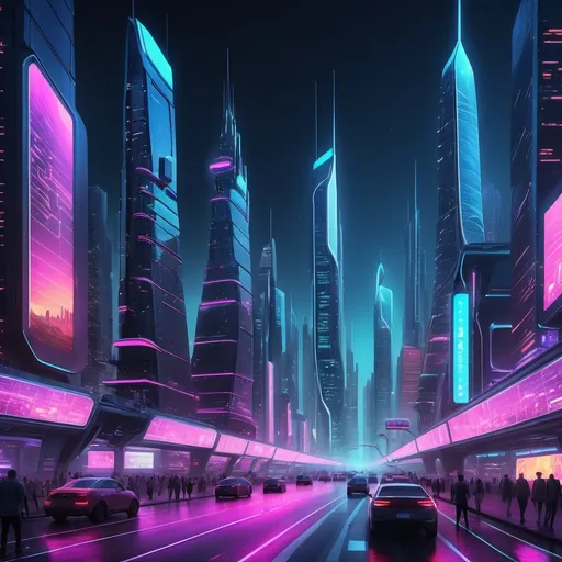 Prompt: (futuristic cityscape), towering skyscrapers, shimmering lights, sleek transportation systems, neon colors, (high-tech ambiance), bustling streets a few people, serene night sky, vivid digital billboards, 4K, ultra-detailed, (innovative architecture), a blend of nature and technology, (dynamic energy), advanced status quashing barriers of time.