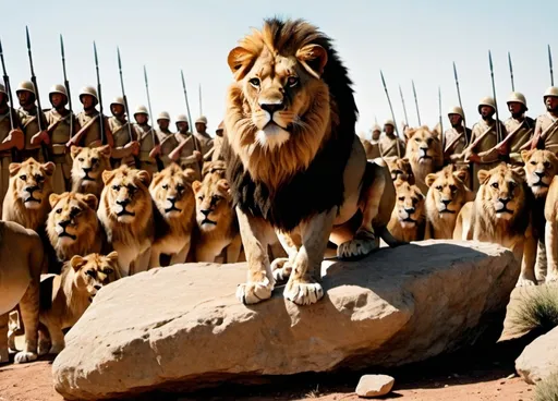 Prompt: a lion stood on the edge of a stone outcrop, with his army behind him in a great battle
