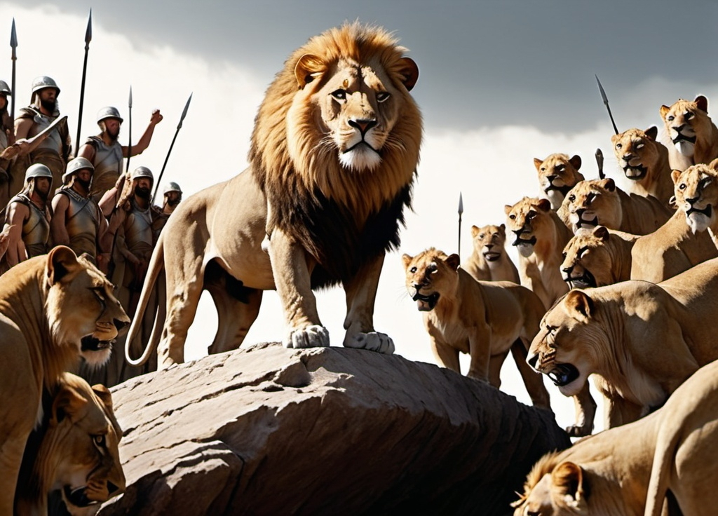 Prompt: a lion stood on the edge of a stone outcrop, with his army of humans behind him in a great battle
