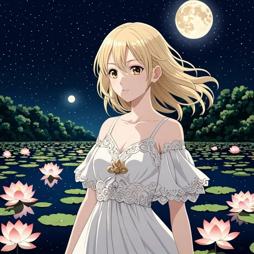 Prompt: Shinkai Makoto art style , a girl has blonde hair and wearing white simple dress middle in lotus river , night sky, one moon and star light, very detailed