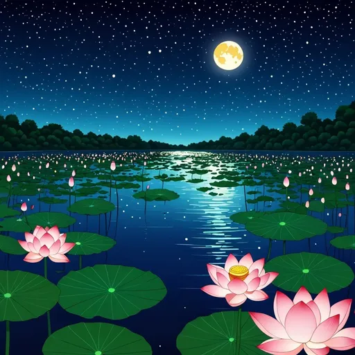 Prompt: Shinkai Makoto art style , Lotus river , night sky, only one moon and star light, very detailed