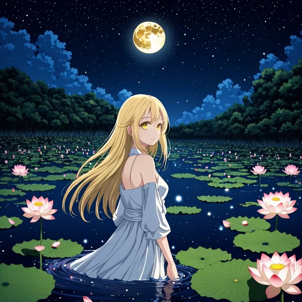 Prompt: Anime , Beautiful girl, blonde hair and yellow eyes, Lotus river , night sky, only one moon and star light, very detailed