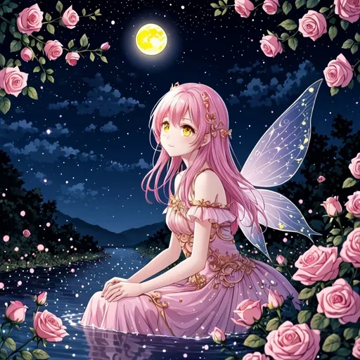 Prompt: Anime , Beautiful fairy girl, pink hair and yellow eyes, Rose river , night sky, only one moon and star light, very detailed