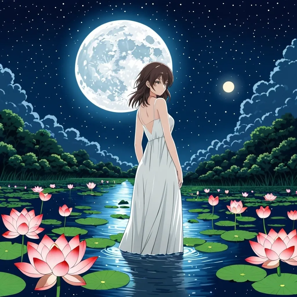 Prompt: Shinkai Makoto art style , beautiful girl wearing white simple dress middle in lotus river , night sky, one moon and star light, very detailed