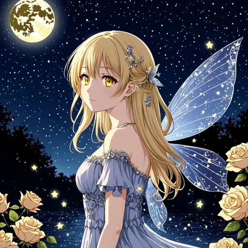 Prompt: Anime , Beautiful fairy girl, blonde hair and yellow eyes, Rose river , night sky, only one moon and star light, very detailed