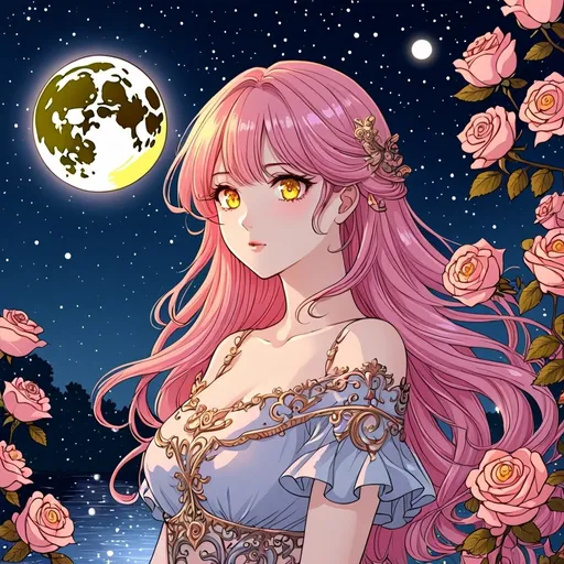 Prompt: Manhwa art style , Beautiful fairy girl, pink hair and yellow eyes, Rose river , night sky, only one moon and star light, very detailed