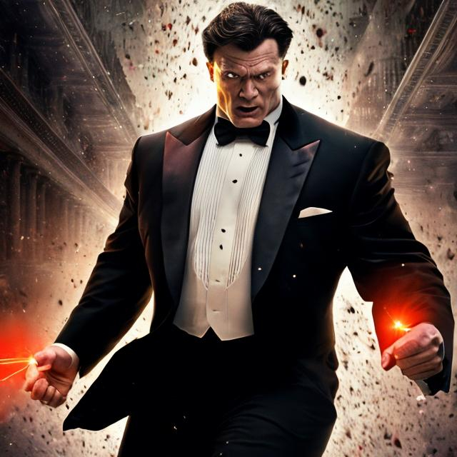 Prompt: photorealistic movie poster of an enormous, muscular man in a tuxedo dodging bullets ricocheting all around him.