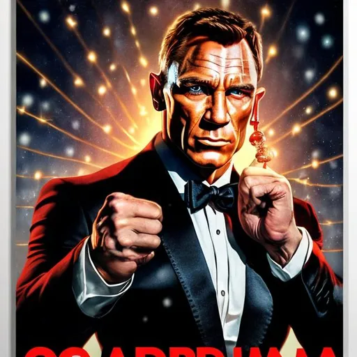 Prompt: photorealistic poster of a muscular, tuxedo-clad James Bond with Christmas lights hanging from his fists. It's a Christmas action movie