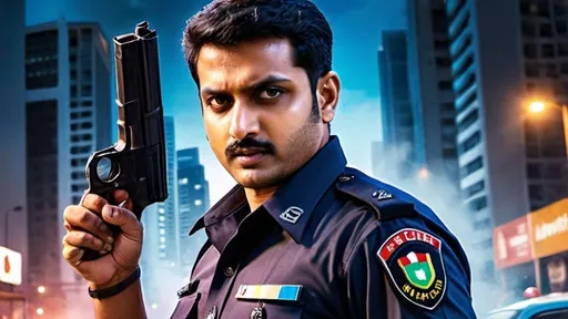 Prompt: A high-octane action thriller poster featuring the main character ACP Nikhil, a smart, handsome, and sharp police officer dressed in an Indian police uniform. The background showcases a bustling city at night with towering buildings and their lights sparkling. In one corner of the poster, there's a beautiful heroine, who is Nikhil's love interest, adding a romantic angle. To depict the action element, Nikhil is holding a gun in one hand, with a massive explosion happening on the other side. The tone of the poster is dark and intense, with dominant colors being black, blue, and red. 