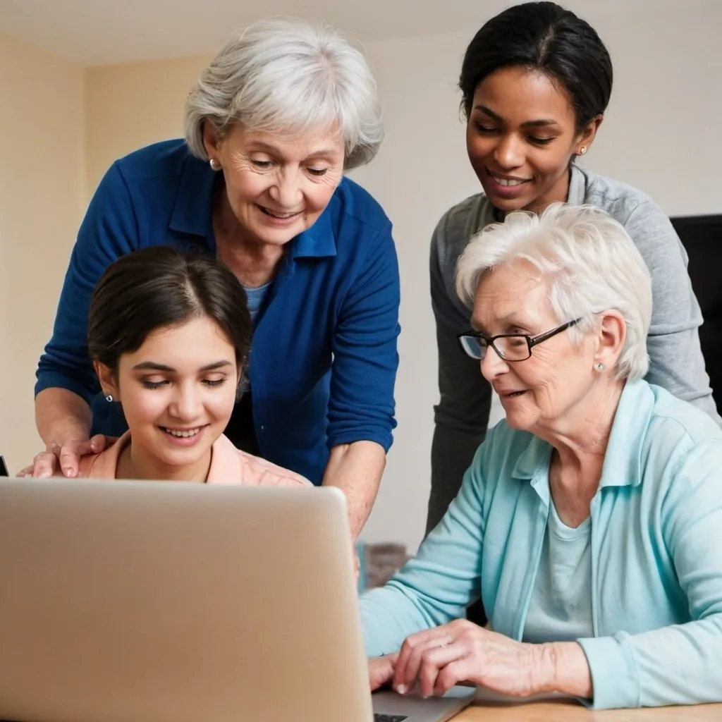 Prompt: a photo of an older woman helping a young couple with their computer
