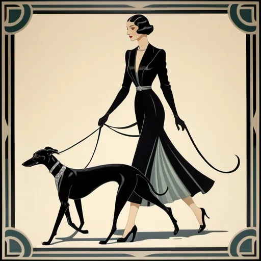 Prompt: A woman walking a small black greyhound, art deco style, sophisticated high quality art, 