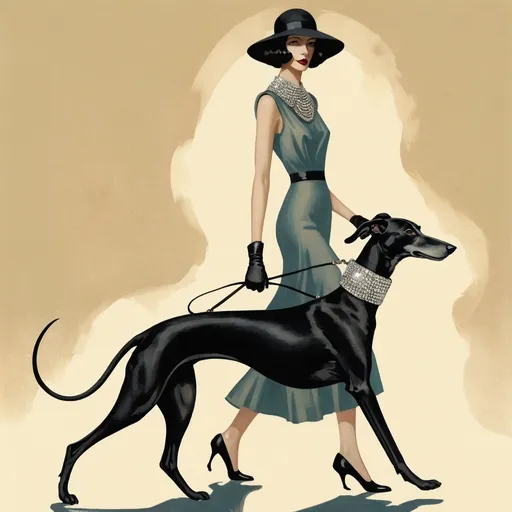 Prompt: A woman walking a small black greyhound, greyhound has a large bejeweled collar, 1920s fashion, muted grainy color, sophisticated high quality art, in the style of a pulp fiction book cover 