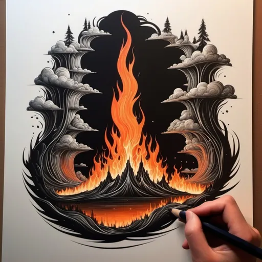 Prompt: Un disegno astratto in cui le forme emergono dalle fiamme, creando una scena magica.