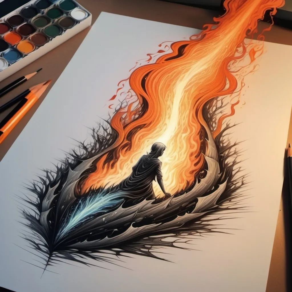 Prompt: Un disegno astratto in cui le forme emergono dalle fiamme, creando una scena magica.