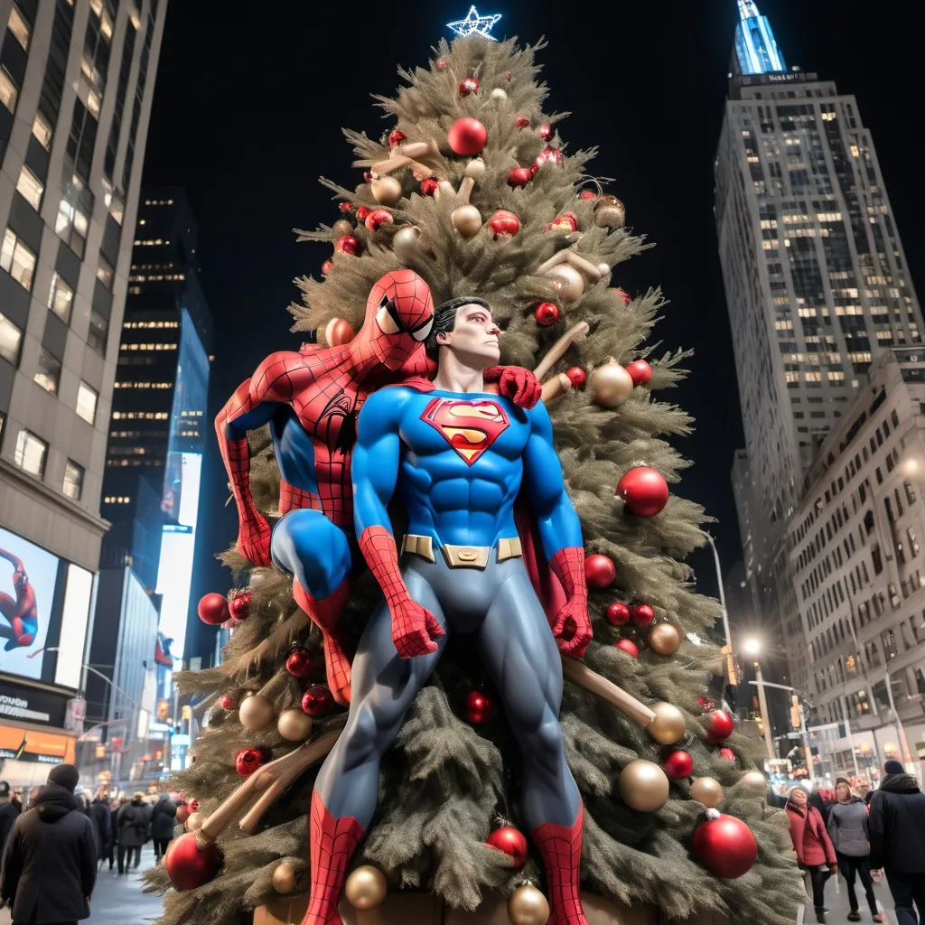 Prompt: Spiderman e Superman che addobbano un immenso albero di natale al centro di New York
