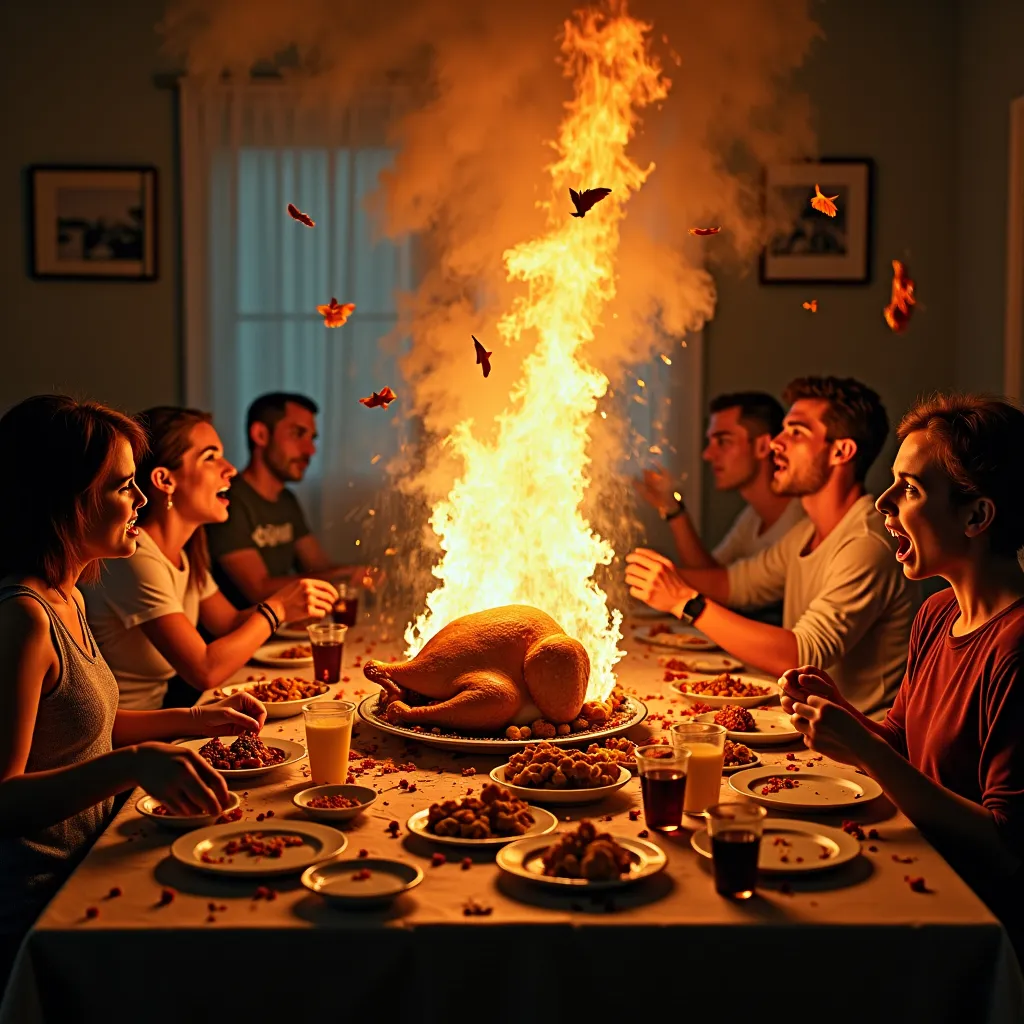 Prompt: (un tacchino in fiamme), fumo denso e tumultuoso, ospiti spaventati, situati attorno a un (disordinato tavolo da pranzo), bevande rovesciate, piatti capovolti, cibo che vola in aria, atmosfera caotica e festosa, colori vividi e inquietanti, (ultra-dettagliato), (4K), (umoristico), tensione e sorpresa nei volti degli ospiti.