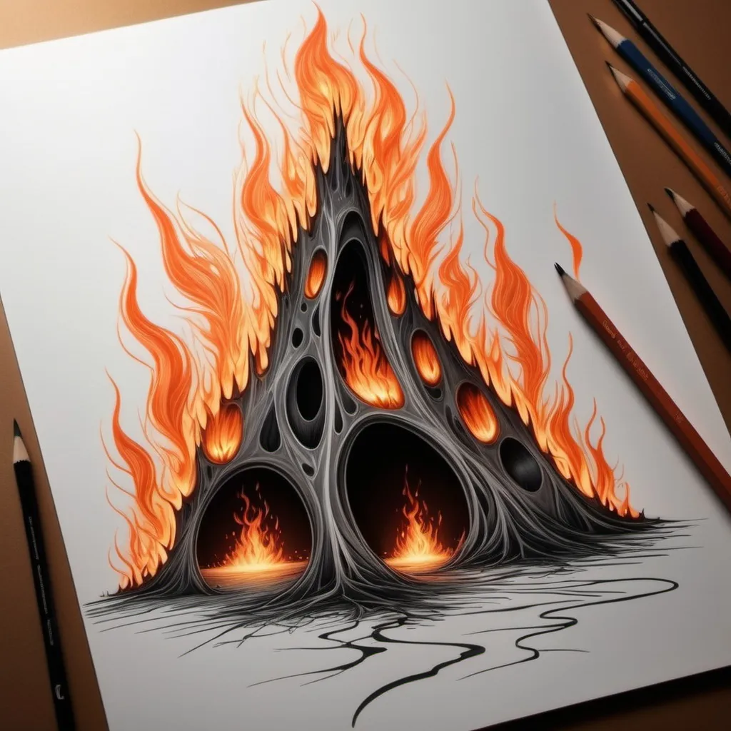 Prompt: Un disegno astratto in cui le forme emergono dalle fiamme, creando una scena magica.