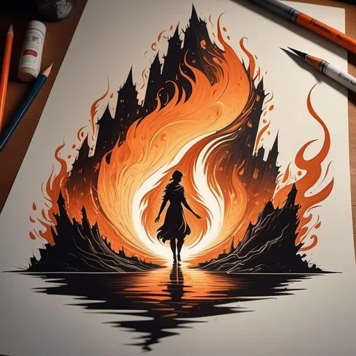 Prompt: Un disegno astratto in cui le forme emergono dalle fiamme, creando una scena magica.