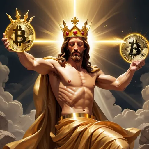 Prompt: jesus with a golden aura and a golden crown, fighting against the demon using a giant bitcoin as weapon