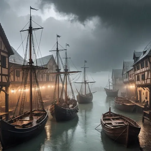 Prompt: A medieval seaport during a rainstorm with mist