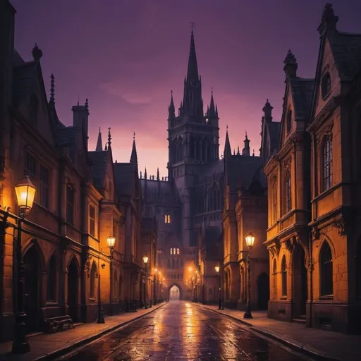 Prompt: A gothic kingdom at dusk with dark purple sky and orange yellow street lights
