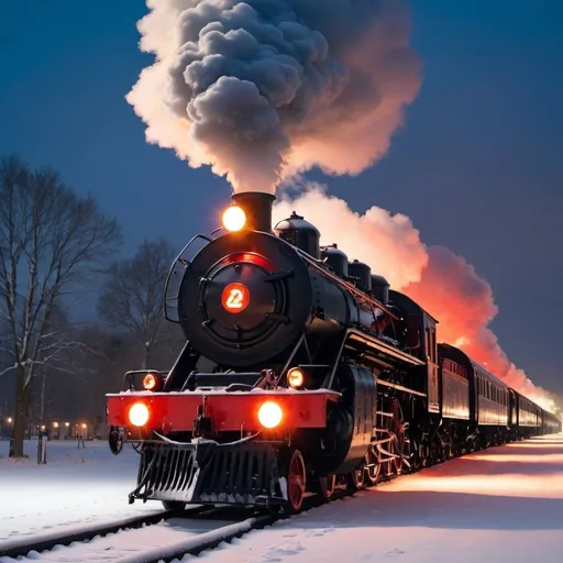 Prompt: a big black steam train at night in the snow with small glowing red lights 