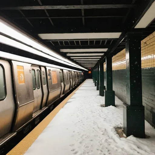 Prompt: a snowy subway station at dawn