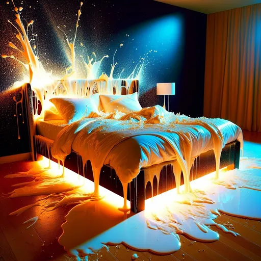 Prompt:  a double bed, with brown sheets, there is white liqudid all over the bed, and its dripping everywhere, this image is glowing and bright
