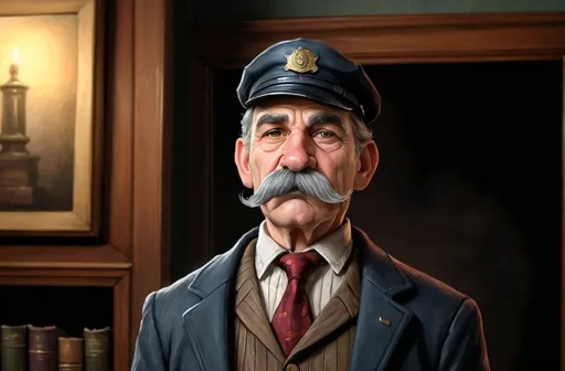 Prompt: Professional digital painting, of an old library guard with a mustache, a worn felt cap and a worn felt blazer.