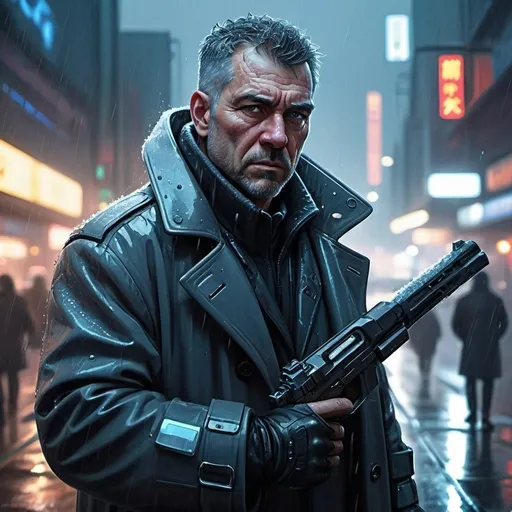 Prompt: Professional digital painting, tough middle-aged man in winter overcoat, futuristic large gun, detailed facial features, high quality, city night rain setting, cool tones, atmospheric lighting, cyberpunk, detailed clothing, intense expression, sci-fi, professional, futuristic weapon, urban setting, detailed background, artistry