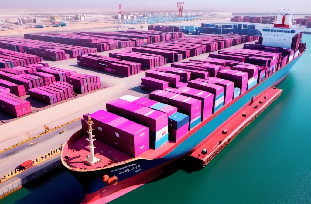 Prompt: An excellent breakthrough from ONE Oman (Magenta colors) to load 764 teus*magenta colours and ONE logo on teh middle)  of exports on M/V UMM Qurn from Port of Sohar.