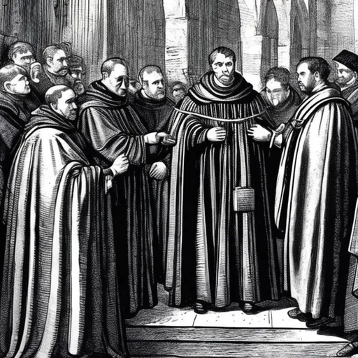 Prompt: Martin Luther is brought in chains around the hands and the neck to Rome before Julius II 