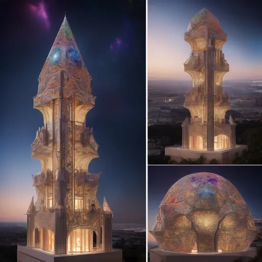 Prompt: Create an impossibly ornate rainbow marble tower with following instructions:

The Base Section of the tower represents Earth, the origin of humanity. Its facade features complex natural motifs, such as intricate carvings of plants, animals, and landscapes, symbolizing the beauty and diversity of our planet. Additionally, there are hyperfuturist mind-breaking geometric patterns incorporated into the design, which are visually captivating and push the boundaries of traditional architecture. These patterns add a touch of futuristic flair to the ornate facade.

Moving on to the Middle Section, its facade resembles space and the stars. It utilizes reflective materials, along with the marble, to create a shimmering effect that mimics the vastness and mystery of the cosmos. The facade is adorned with impossibly fine filigree work, delicately crafted to resemble constellations and starry patterns. When viewed from a distance, this intricate filigree creates a mesmerizing visual display, evoking a sense of wonder and awe.

Finally, we reach the Upper Section and Pinnacle of the tower, which represent the fictional “Lumina Star System” and the planet Lumina itself. The design of these sections embodies a futuristic and otherworldly aesthetic, with sleek lines and innovative architectural elements. The Lumina Star System is depicted through the use of vibrant colors and futuristic materials, creating a striking contrast against the rest of the tower.