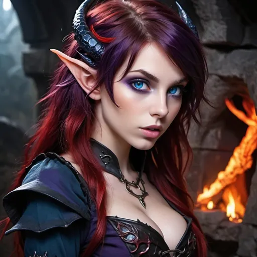 Prompt: Naughty dark princess blue eyes with black and red fiery hair elf ears magic and tight dark purple torn clothes in a dungeon biting her lip with a dragon at her side