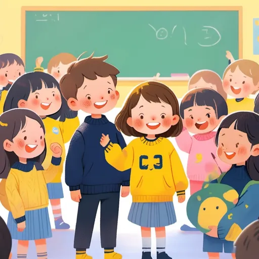 Prompt: In the background of the classroom, a Korean elementary school girl with yellow long-sleeved sweatshirt and slightly brown hair is wearing navy blue with a large yellow smile on the center of her clothes, and a black-haired elementary school boy is standing together and smiling while facing the front